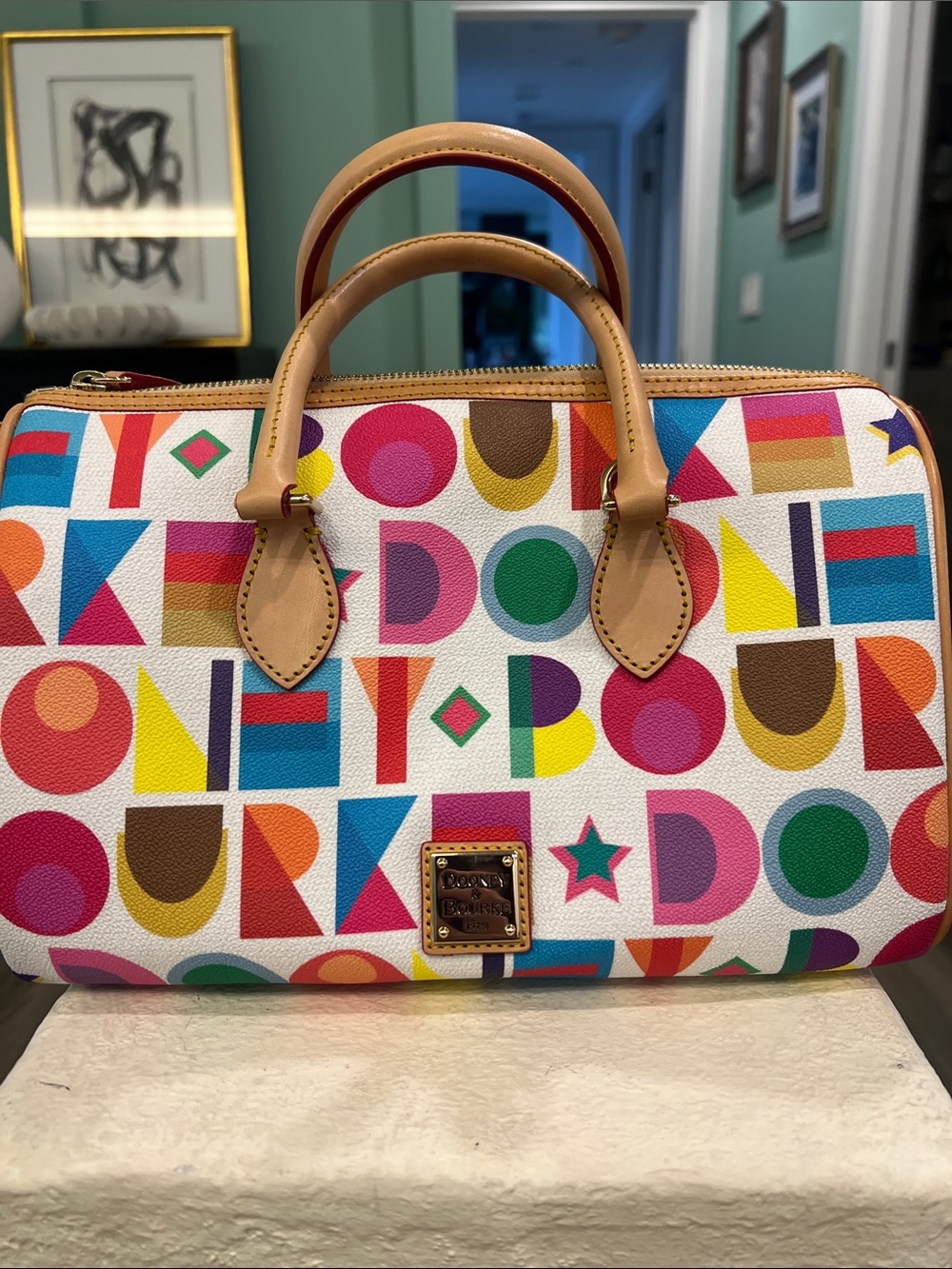 Dooney & Bourke Multicolor Geometric Print Satchel with Tan Handles